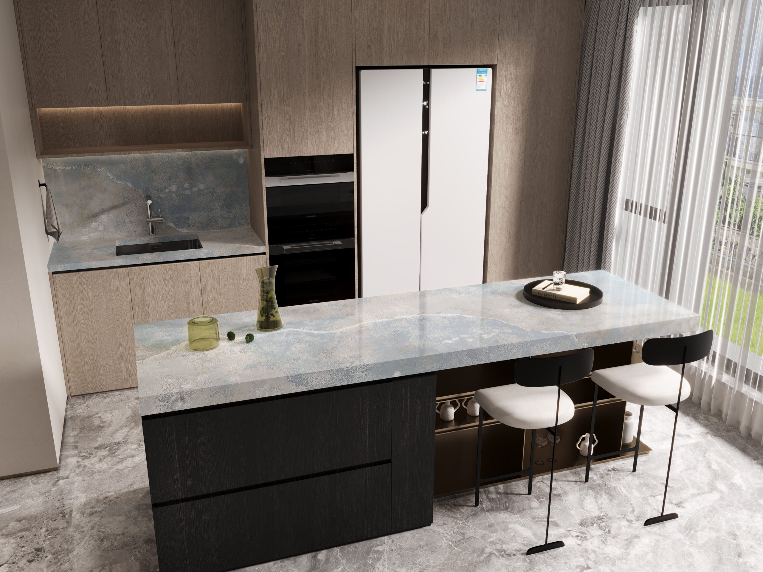 Aurea Surfaces Blue Lagoon luxury kitchen application