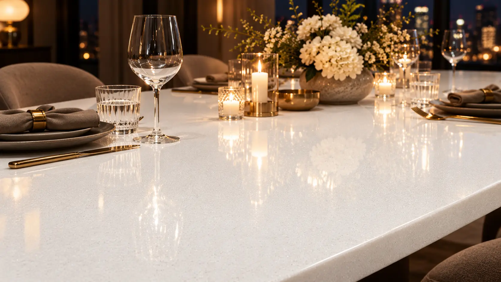Aurea Surfaces Lumina Icefall White polished quartz luxury candlelit dining table surface application