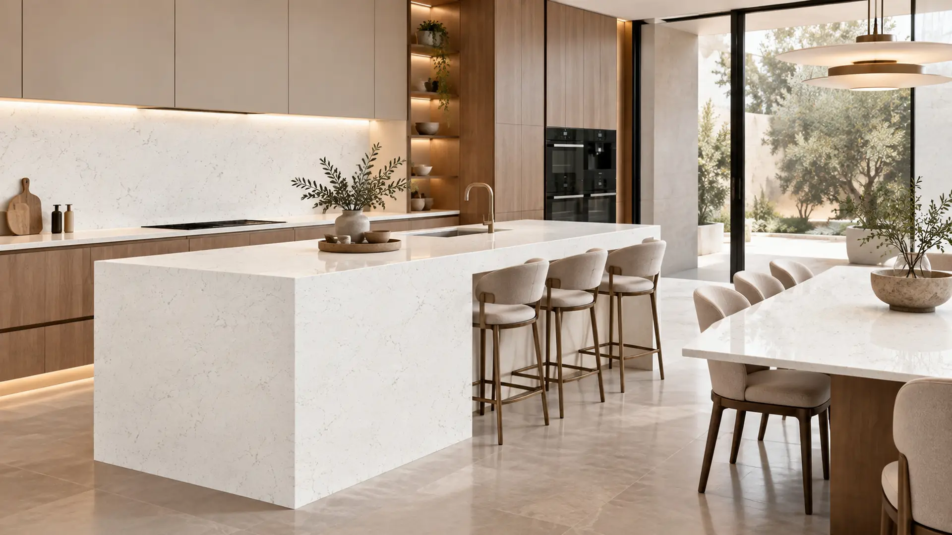 Aurea Surfaces Carrara Venato ZERO Collection kitchen and dining application