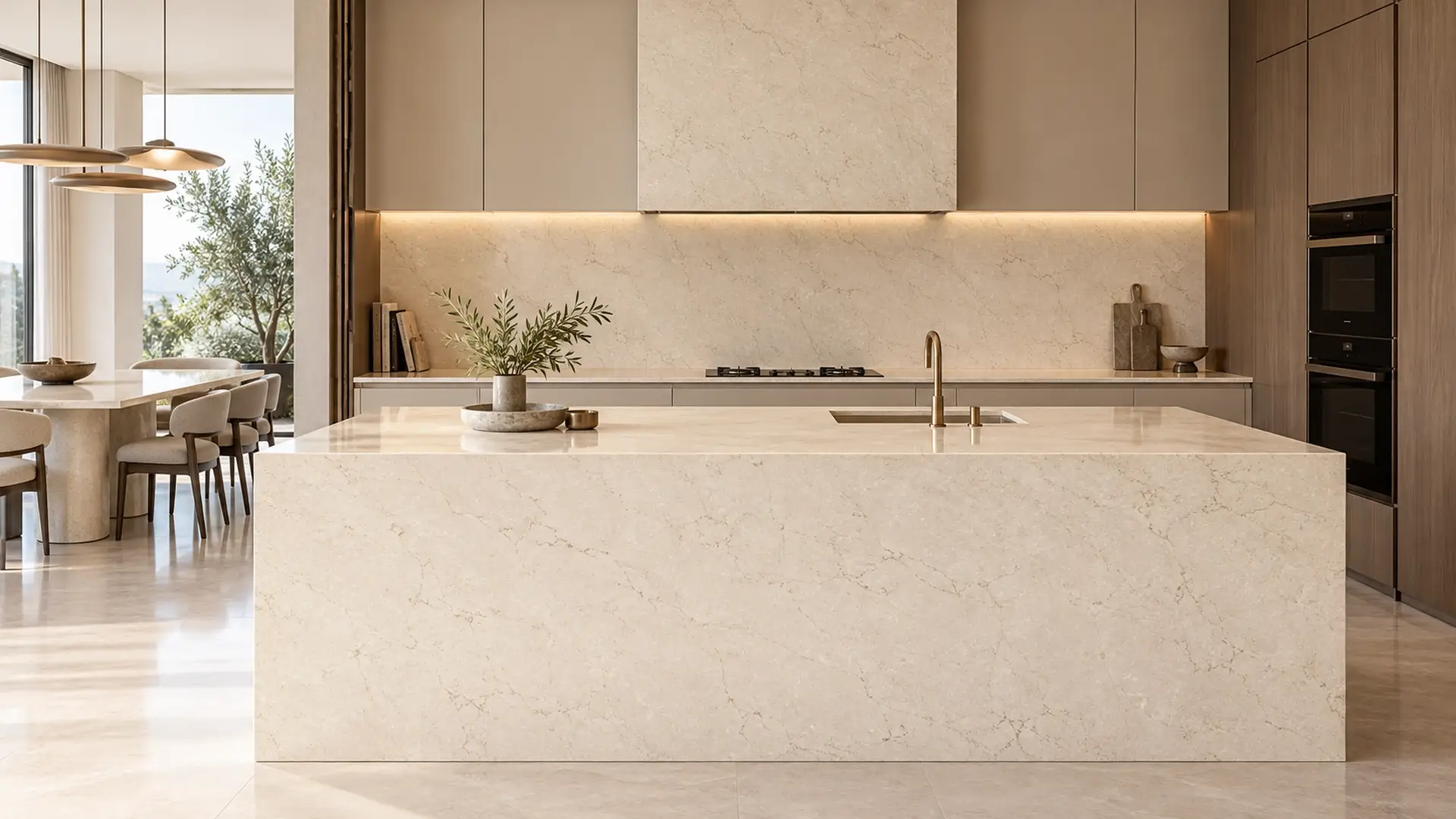 Aurea Surfaces Lumina Taj Mahal Elegance polished quartz luxury kitchen application