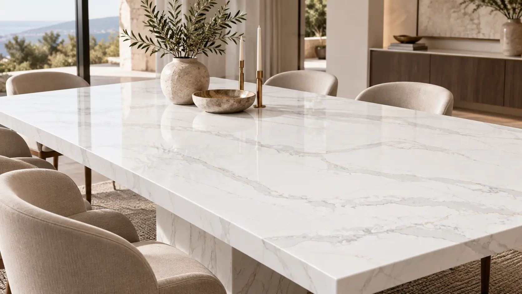 Aurea Surfaces Calacatta Royale ZERO Collection dining table application