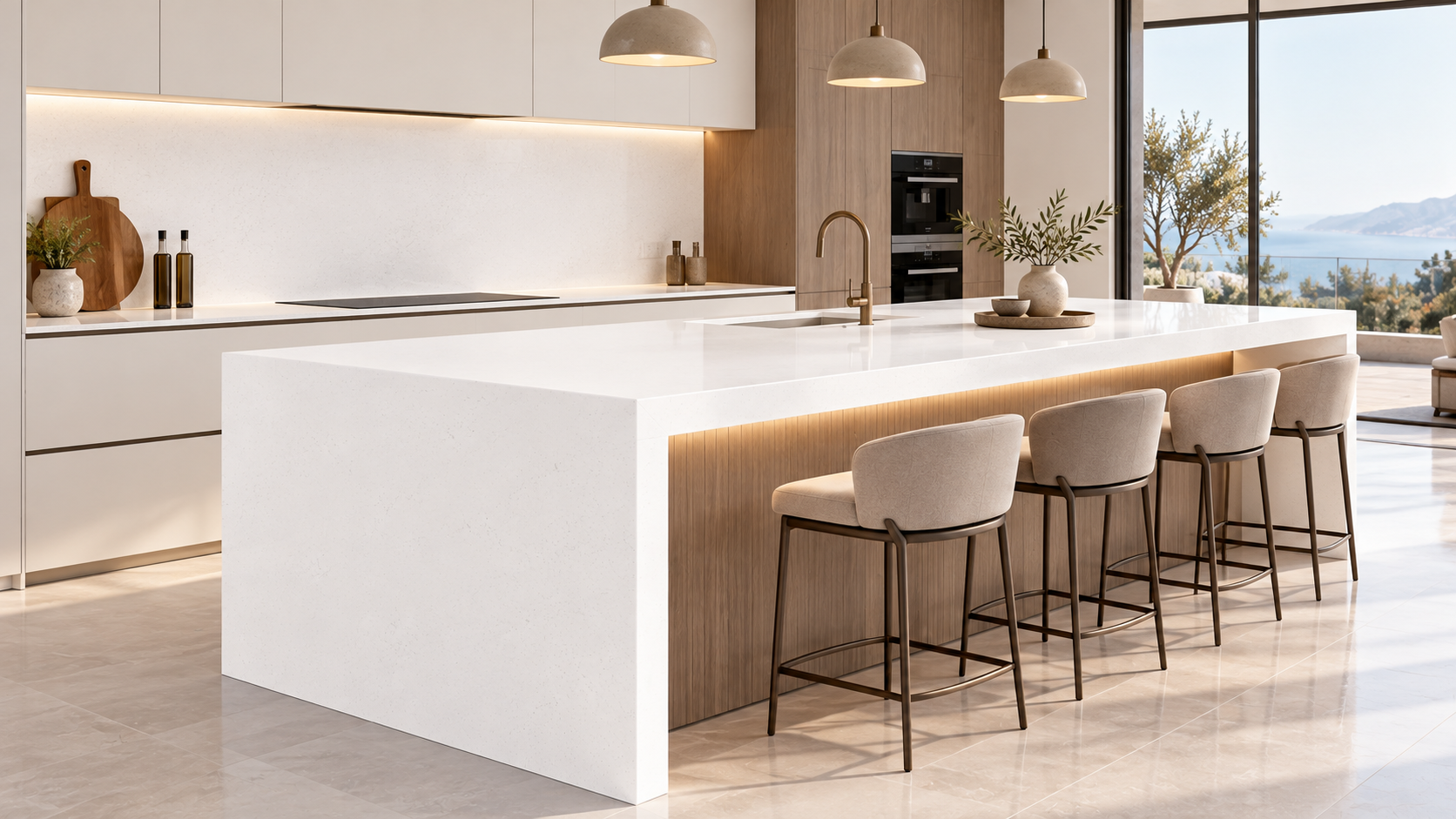 Aurea Surfaces Lumina Alpine White polished quartz luxury kitchen island application