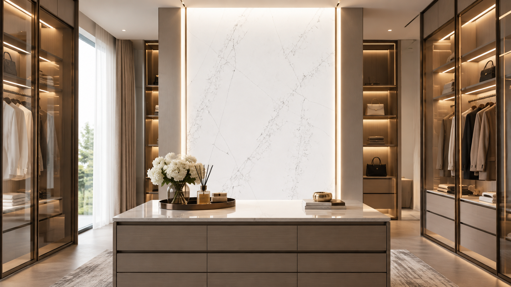 Aurea Surfaces White Swan ZERO Collection walk-in closet wall cladding application