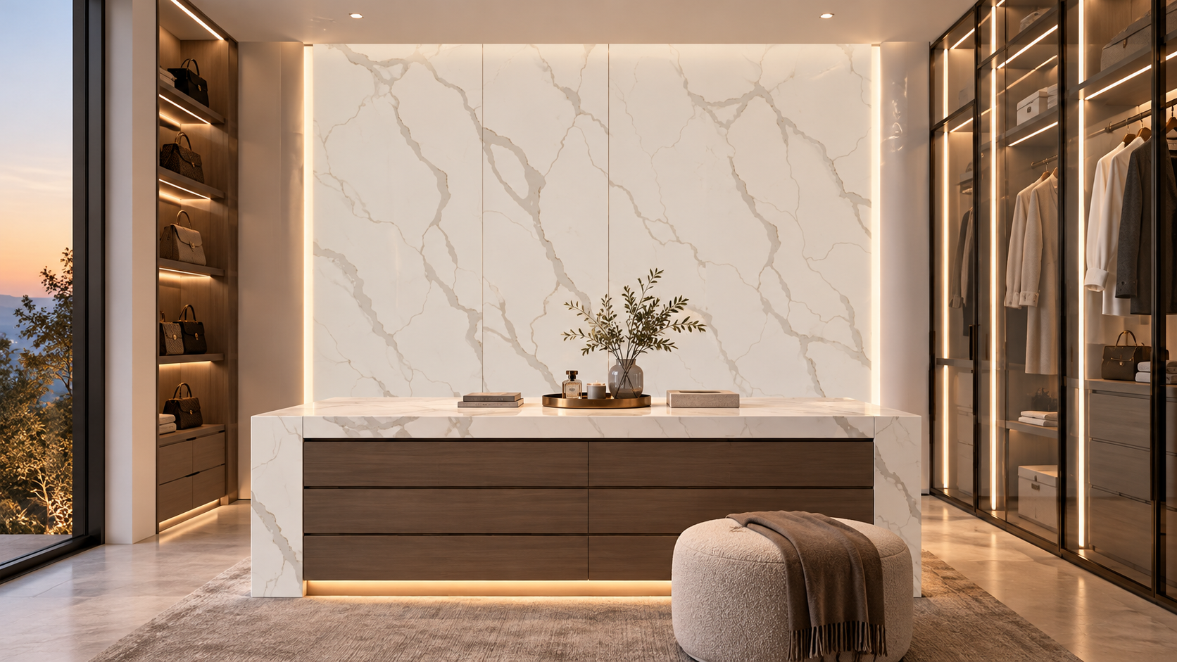 Aurea Surfaces Lumina Calacatta Premier polished quartz luxury walk-in closet wall cladding application
