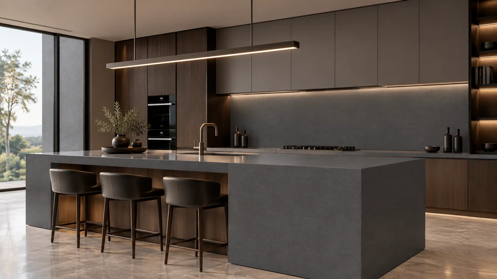 Aurea Surfaces Lumina Deep Grey polished quartz luxury kitchen application