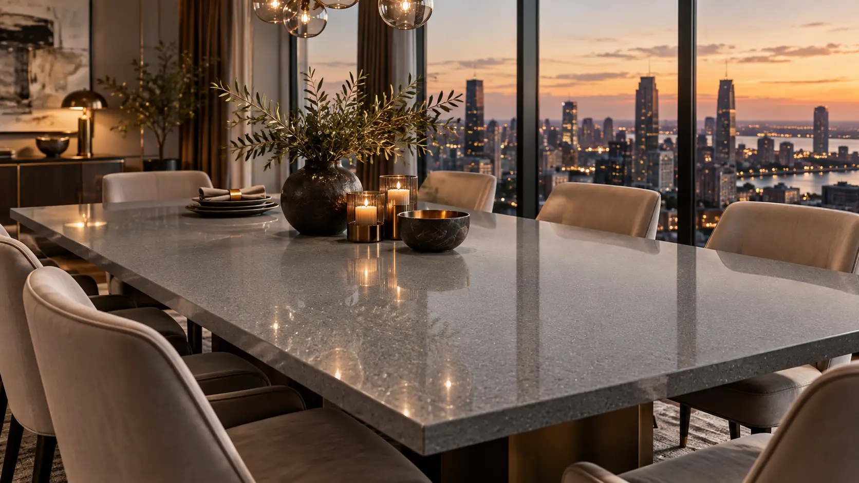 Aurea Surfaces Lumina Urban Grey polished quartz luxury dining table overlooking a sunset city skyline