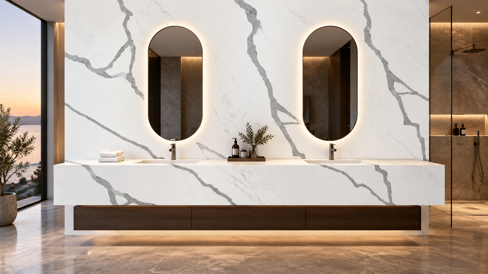 Aurea Surfaces Lumina Calacatta Atlas polished quartz luxury spa bathroom wall cladding and double vanity application