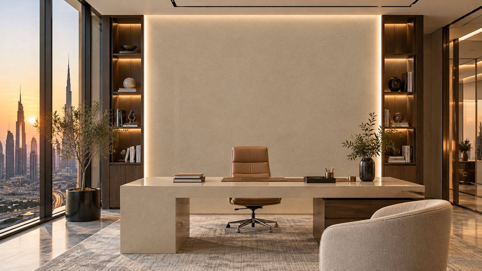 Aurea Surfaces Lumina Arabian Sand polished quartz luxury executive office wall cladding application